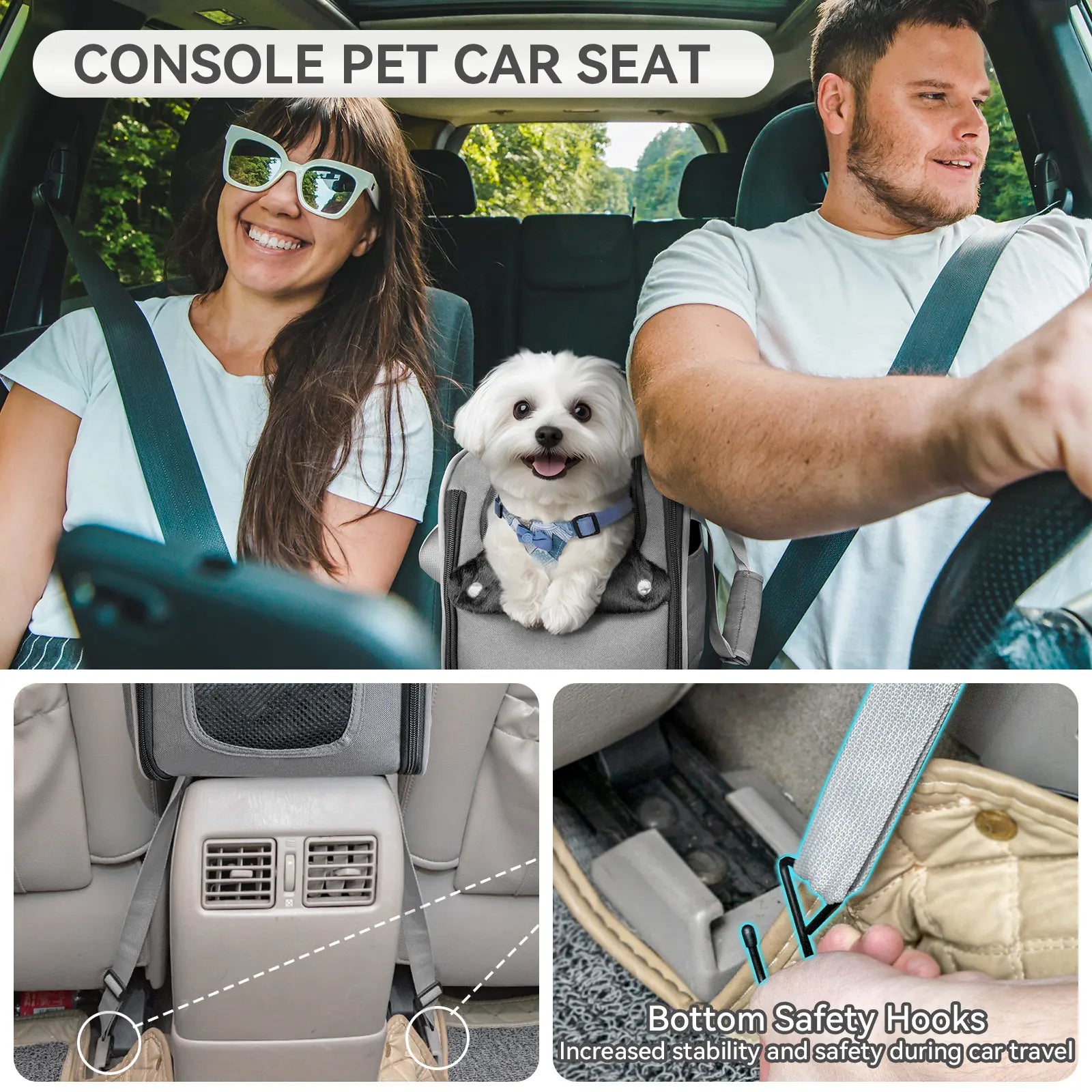 PETSFIT Versatile Fabric Center Console Dog Car Seat - Airline Approved Carrier, 2 Pockets, Ample Storage, Safety Tether, Portable for Small Dogs/Cats up to 9 LBS (16.9" X 9" X 9.5", Deep Grey)