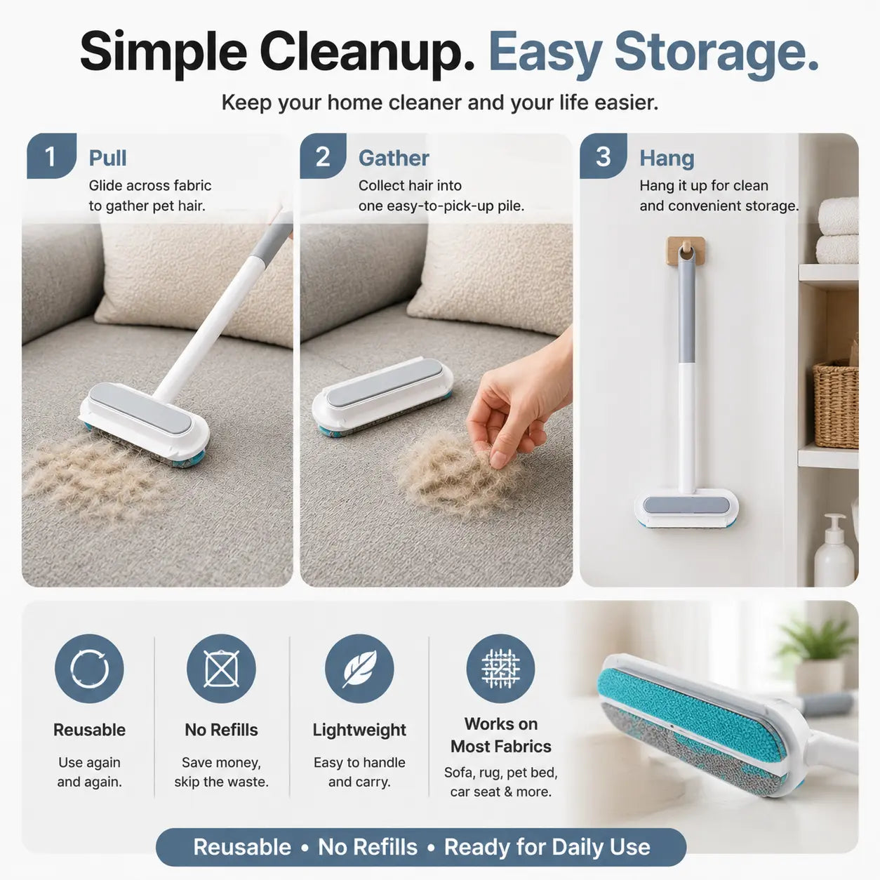 Universal Pet Hair Remover Brush with Long Handle - Reusable and Easy to Clean Tool for Sofa and Carpet - Ideal for Dog and Cat Grooming