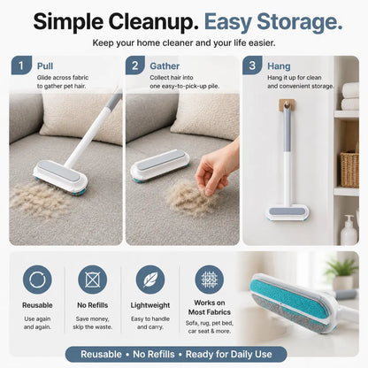 Universal Pet Hair Remover Brush with Long Handle - Reusable and Easy to Clean Tool for Sofa and Carpet - Ideal for Dog and Cat Grooming