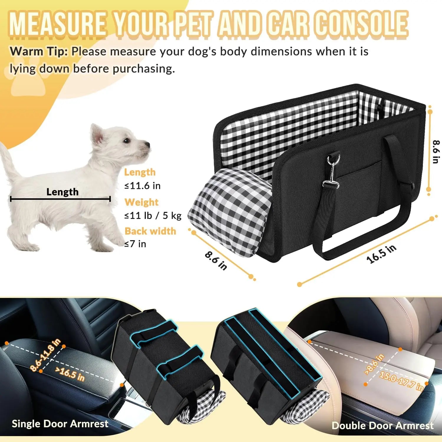 Anti-Anxiety Dog Console Car Seat with Safety Leash - Comfort Plaid Puppy Car Bed Booster, Washable Travel Car Carrier Seat for Chihuahua, Yorkie Gift Cat,Back to School