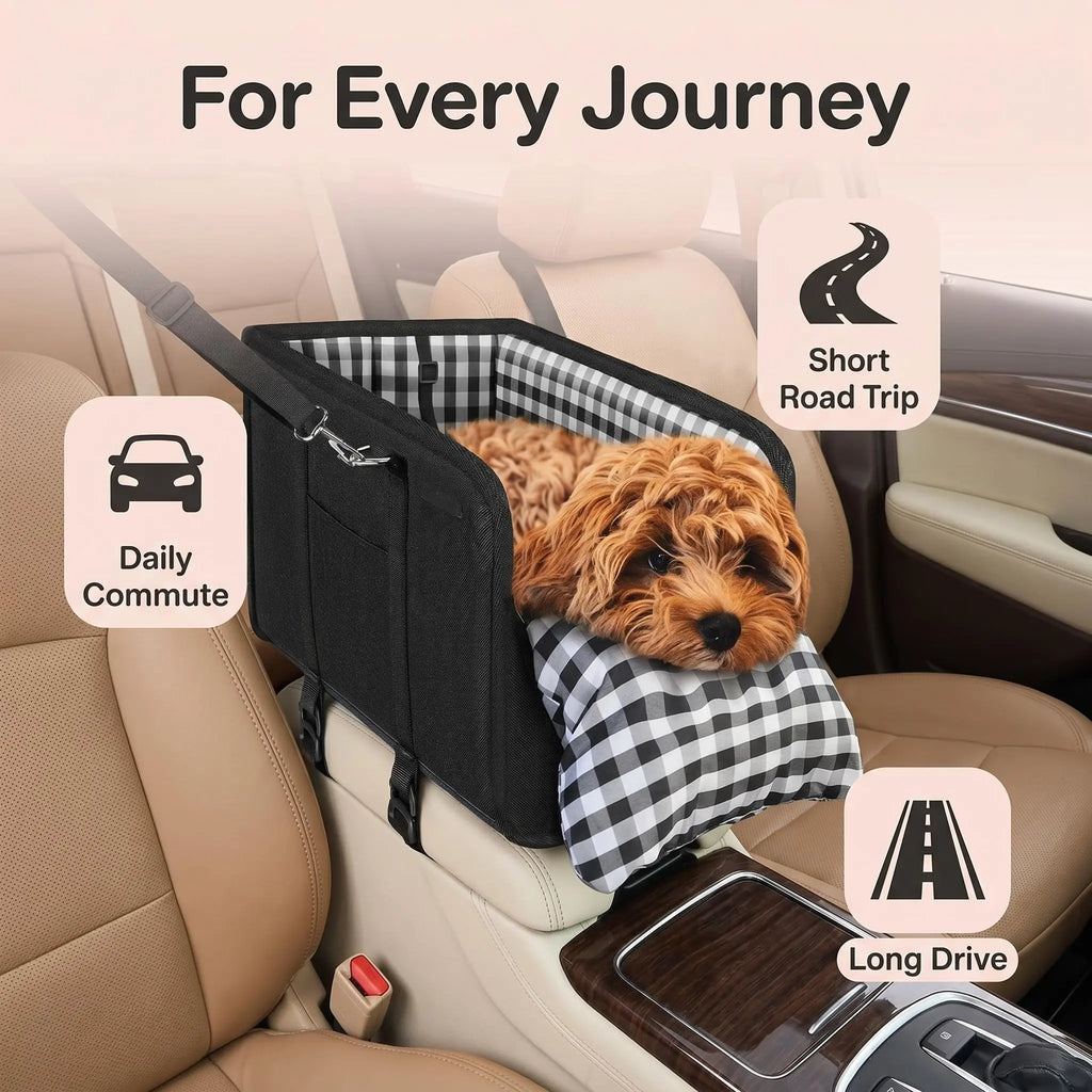 Anti-Anxiety Dog Console Car Seat with Safety Leash - Comfort Plaid Puppy Car Bed Booster, Washable Travel Car Carrier Seat for Chihuahua, Yorkie Gift Cat,Back to School