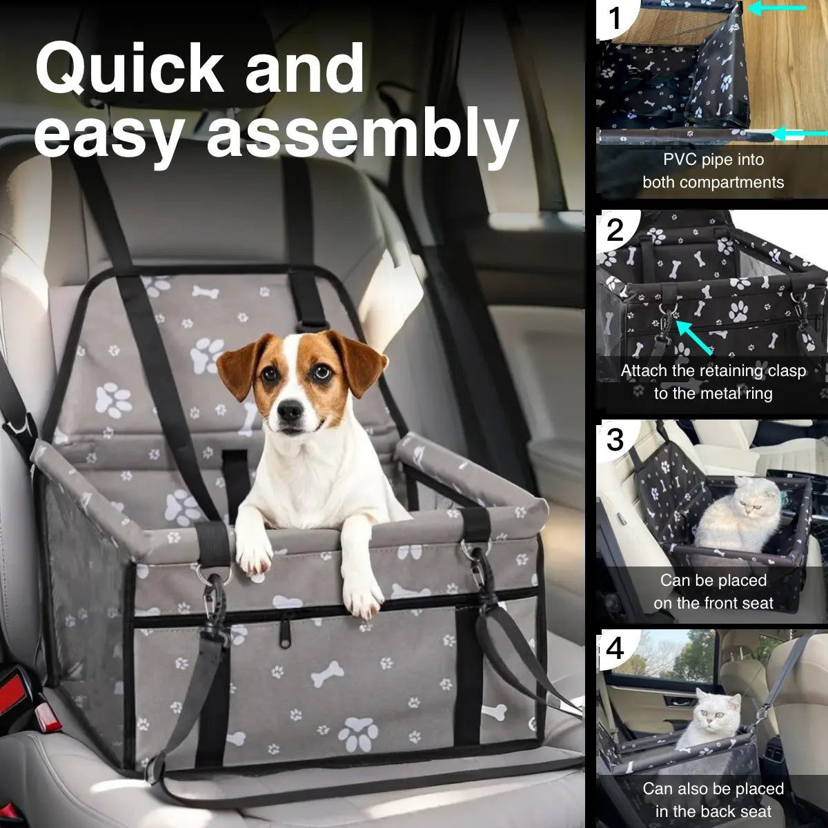 Pet Car Seat for Cats & Dogs - Foldable 15Lb Safety Booster, Breathable Mesh, Zipper, Fold & Store Fast, Easy to Clean & Assemble, Large Space, Solid Plain Design, PVC Pipe Support, Fits Front & Back Seats, Pet Travel Accessory