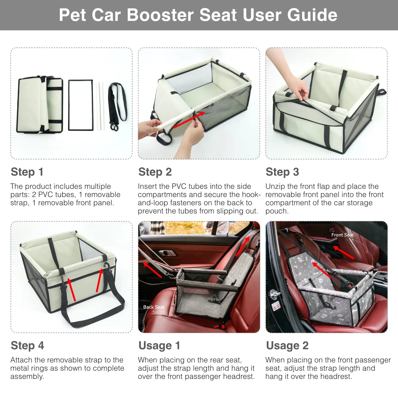 Pet Car Seat for Cats & Dogs - Foldable 15Lb Safety Booster, Breathable Mesh, Zipper, Fold & Store Fast, Easy to Clean & Assemble, Large Space, Solid Plain Design, PVC Pipe Support, Fits Front & Back Seats, Pet Travel Accessory