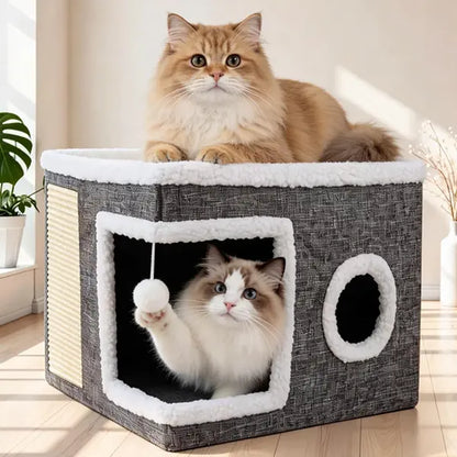 Large Indoor Cat Bed - Soft Foldable Cat Cave Hideaway for Kittens and Adult Cats with Sisal Scratch Pad and Hanging Fluffy Ball, 16.5" x 16.5" x 14", Grey