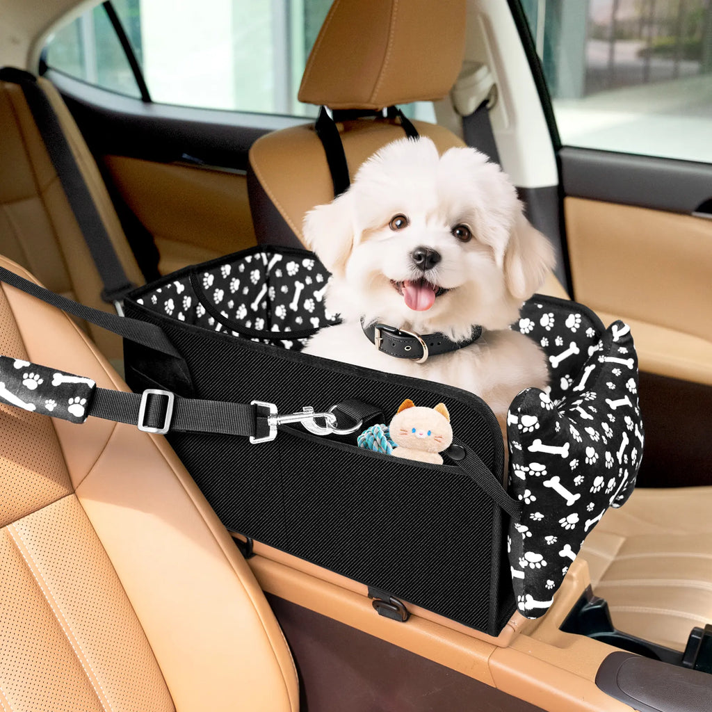 Chtoocy Dog Car Seat for Small Dogs,Center Console Detachable Washable Dog Car Seat Support up to 20Lbs,Portable Anti-Collapse Puppy Car Seat,Pet Car Seat with Soft Cushion&Safety Belt&Storage Pockets