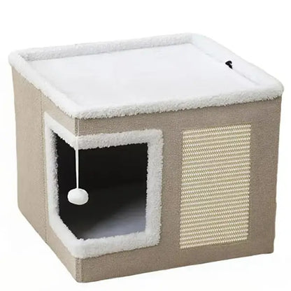 Large Indoor Cat Bed - Soft Foldable Cat Cave Hideaway for Kittens and Adult Cats with Sisal Scratch Pad and Hanging Fluffy Ball, 16.5" x 16.5" x 14", Grey