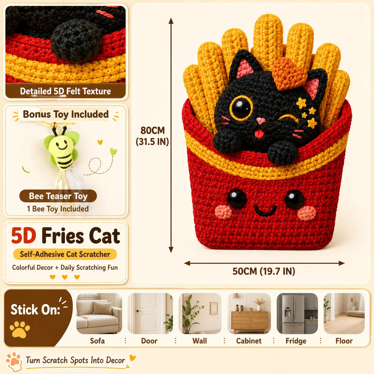 Omnipets 5D Cartoon-Printed Polyester Felt Cat Scratching Pad - Self-Adhesive Vertical Wall-Mounted Furniture Protector with Complimentary Bee Toy for Clean Indoor Cat Care