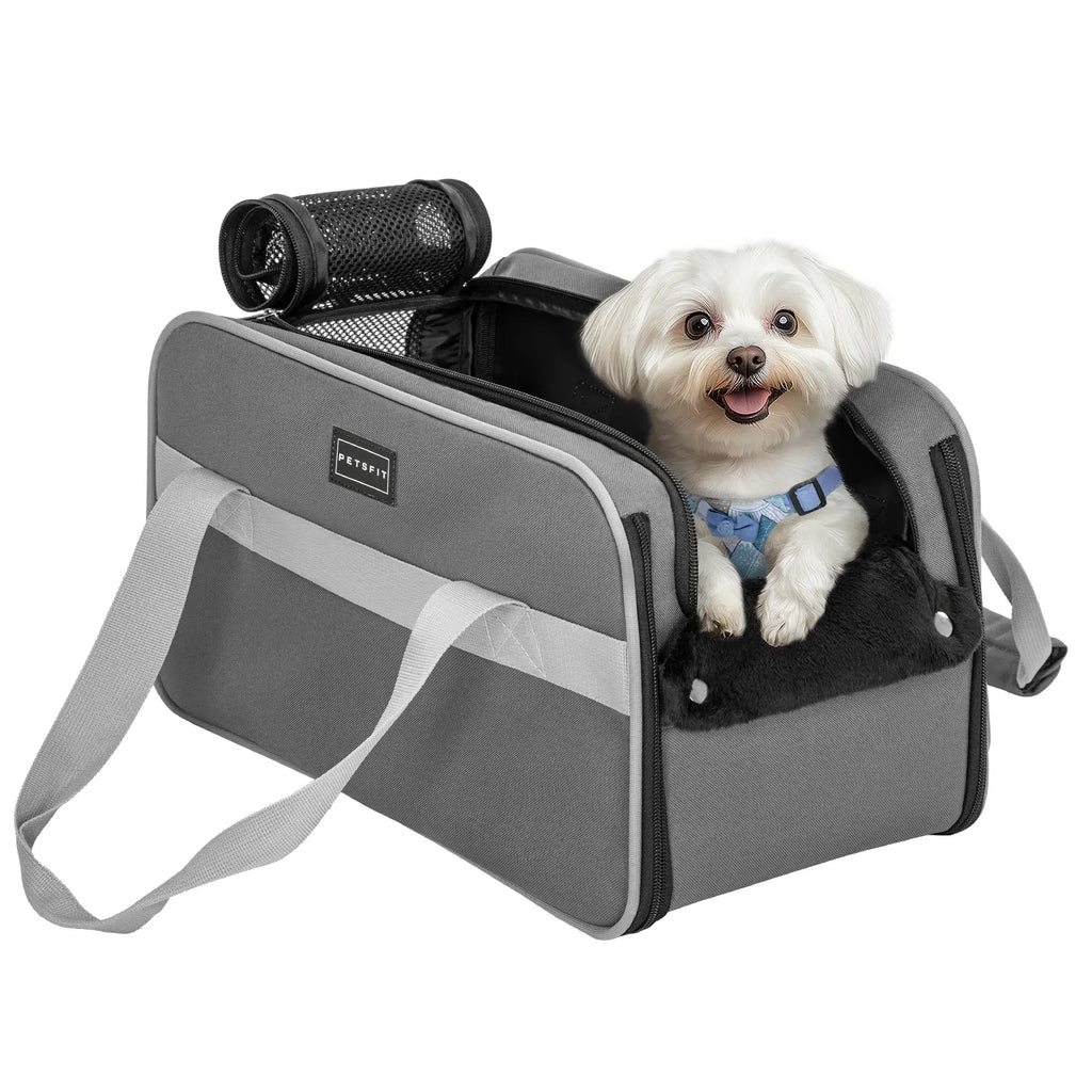 PETSFIT Versatile Fabric Center Console Dog Car Seat - Airline Approved Carrier, 2 Pockets, Ample Storage, Safety Tether, Portable for Small Dogs/Cats up to 9 LBS (16.9" X 9" X 9.5", Deep Grey)