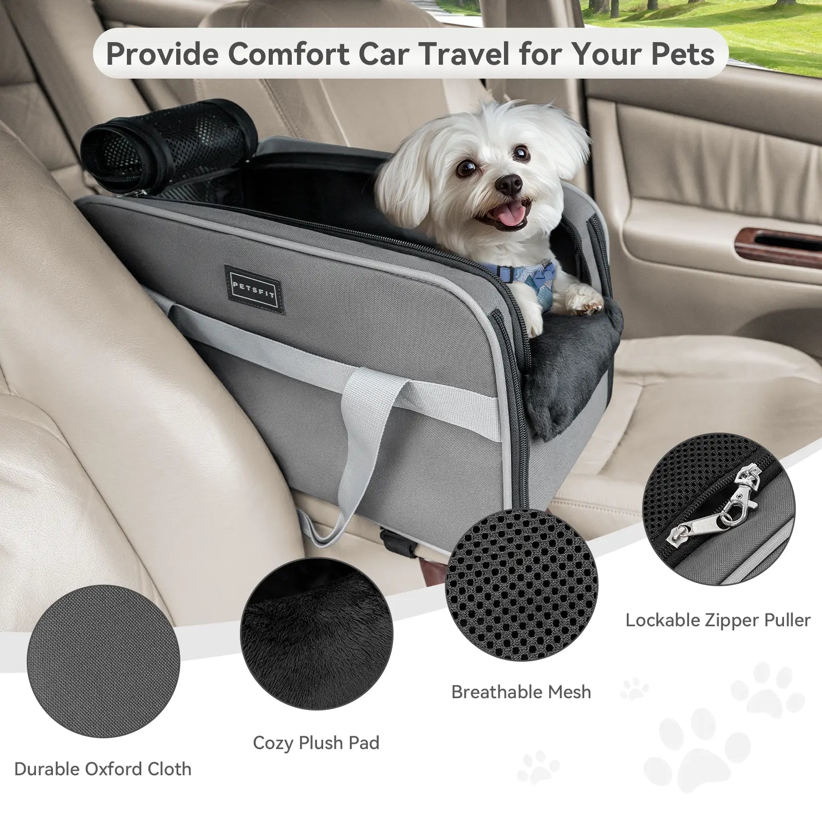 PETSFIT Versatile Fabric Center Console Dog Car Seat - Airline Approved Carrier, 2 Pockets, Ample Storage, Safety Tether, Portable for Small Dogs/Cats up to 9 LBS (16.9" X 9" X 9.5", Deep Grey)