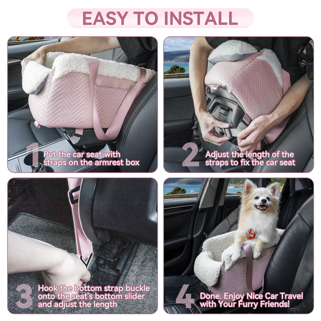 PETSFIT Luxury Look Pet Car Seat - Cat & Dog Console Car Accessory with Safe Protective Hooks, Safety Leash, Storage Pocket, Shoulder Straps - Leather & Fabric, Portable for Pets up to 11 Lbs (Pink)