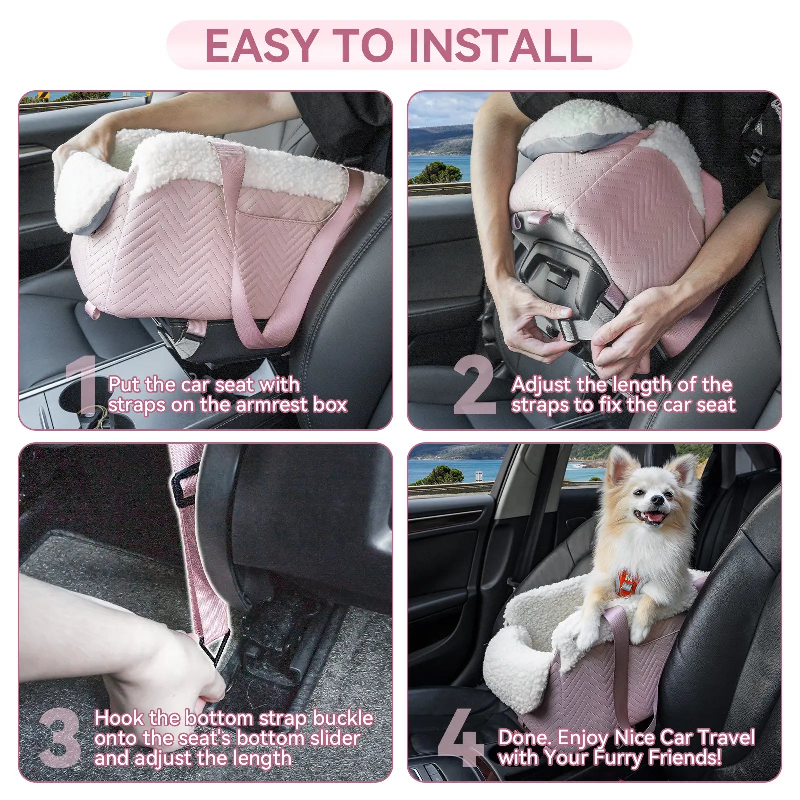 PETSFIT Luxury Look Pet Car Seat - Cat & Dog Console Car Accessory with Safe Protective Hooks, Safety Leash, Storage Pocket, Shoulder Straps - Leather & Fabric, Portable for Pets up to 11 Lbs (Pink)