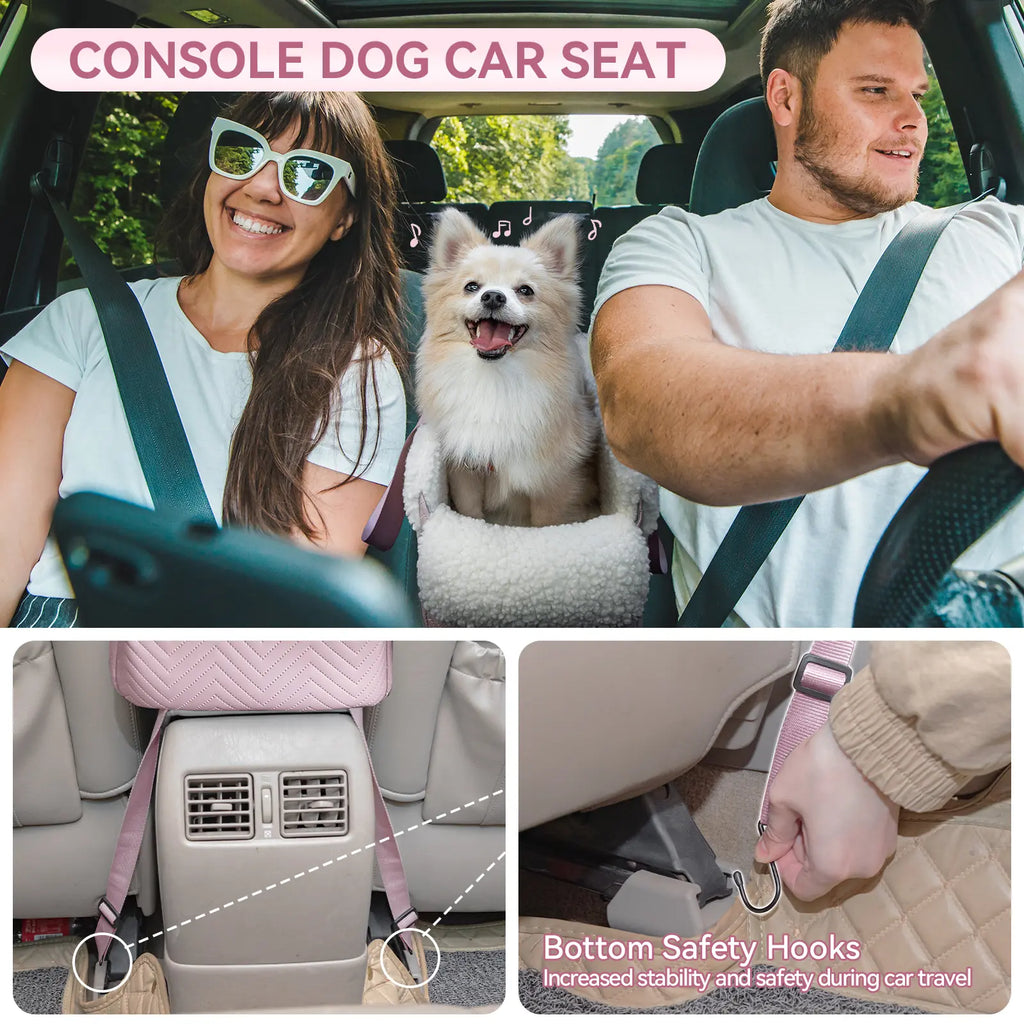 PETSFIT Luxury Look Pet Car Seat - Cat & Dog Console Car Accessory with Safe Protective Hooks, Safety Leash, Storage Pocket, Shoulder Straps - Leather & Fabric, Portable for Pets up to 11 Lbs (Pink)