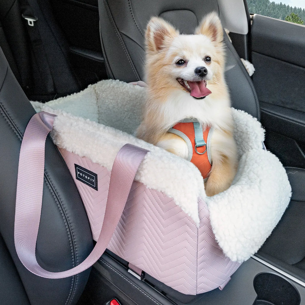 PETSFIT Luxury Look Pet Car Seat - Cat & Dog Console Car Accessory with Safe Protective Hooks, Safety Leash, Storage Pocket, Shoulder Straps - Leather & Fabric, Portable for Pets up to 11 Lbs (Pink)