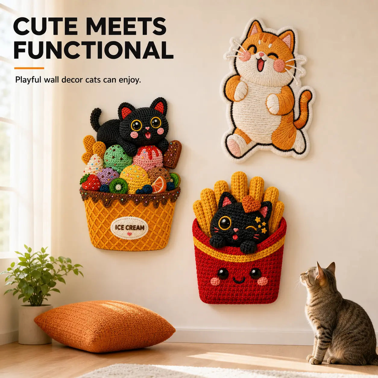 Omnipets 5D Cartoon-Printed Polyester Felt Cat Scratching Pad - Self-Adhesive Vertical Wall-Mounted Furniture Protector with Complimentary Bee Toy for Clean Indoor Cat Care
