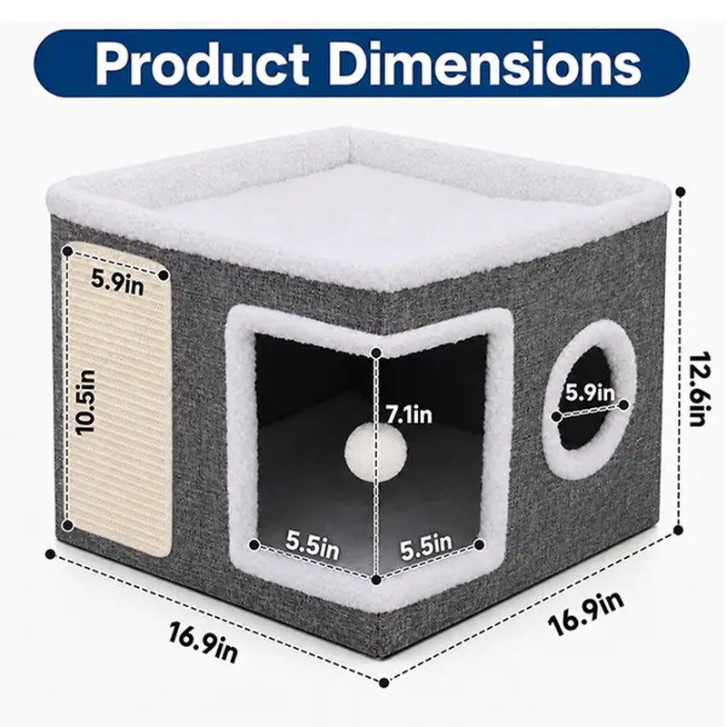 Large Indoor Cat Bed - Soft Foldable Cat Cave Hideaway for Kittens and Adult Cats with Sisal Scratch Pad and Hanging Fluffy Ball, 16.5" x 16.5" x 14", Grey
