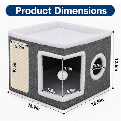 Large Indoor Cat Bed - Soft Foldable Cat Cave Hideaway for Kittens and Adult Cats with Sisal Scratch Pad and Hanging Fluffy Ball, 16.5" x 16.5" x 14", Grey