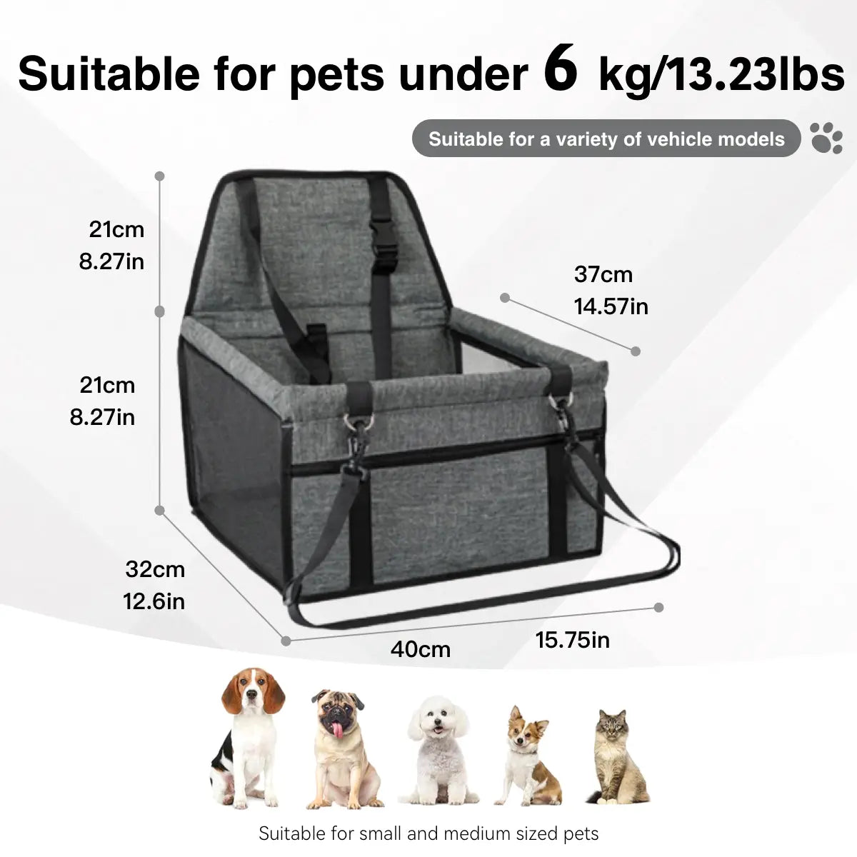 Pet Car Seat for Cats & Dogs - Foldable 15Lb Safety Booster, Breathable Mesh, Zipper, Fold & Store Fast, Easy to Clean & Assemble, Large Space, Solid Plain Design, PVC Pipe Support, Fits Front & Back Seats, Pet Travel Accessory