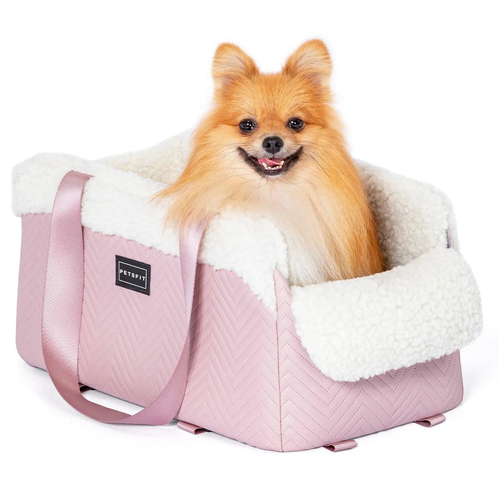 PETSFIT Luxury Look Pet Car Seat - Cat & Dog Console Car Accessory with Safe Protective Hooks, Safety Leash, Storage Pocket, Shoulder Straps - Leather & Fabric, Portable for Pets up to 11 Lbs (Pink)
