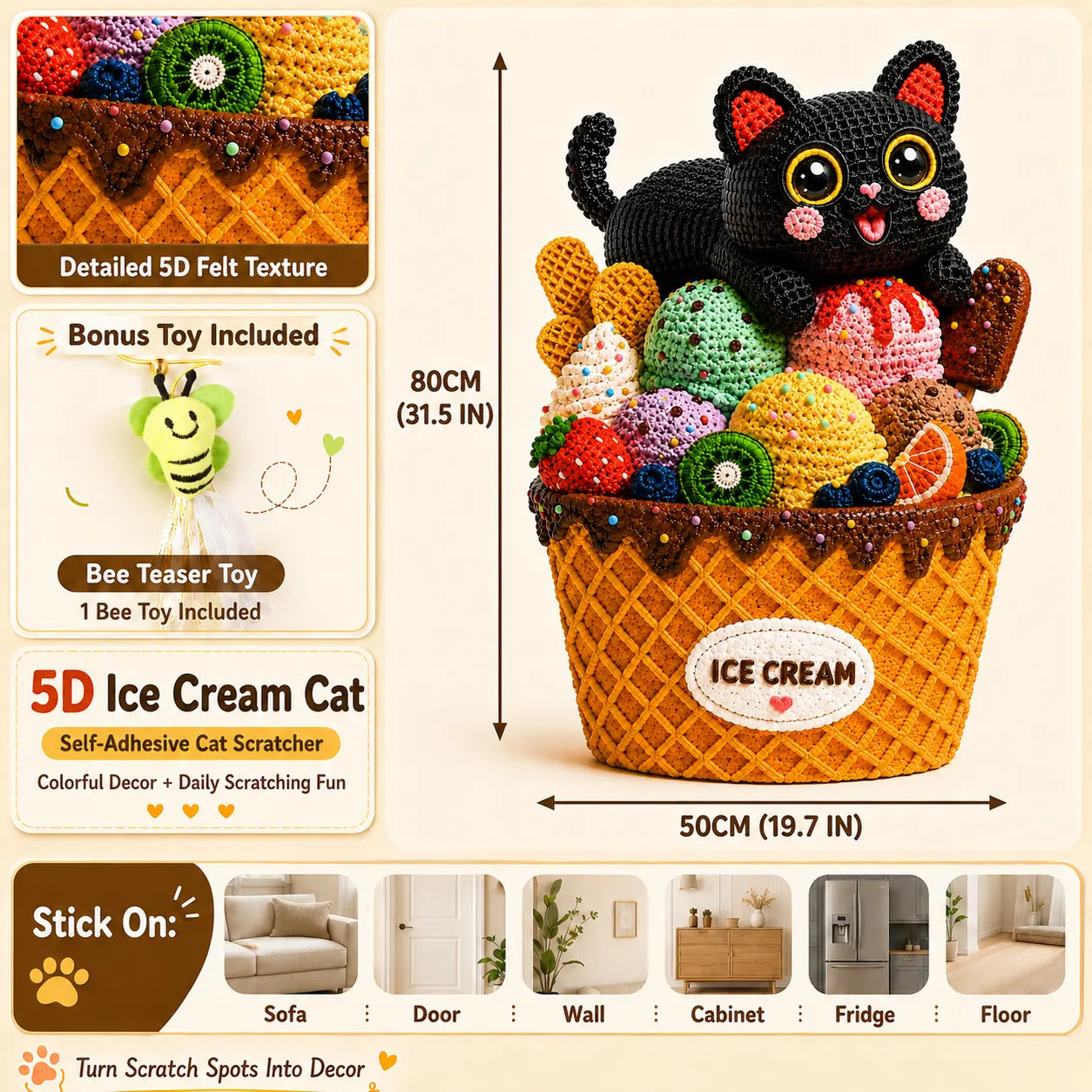 Omnipets 5D Cartoon-Printed Polyester Felt Cat Scratching Pad - Self-Adhesive Vertical Wall-Mounted Furniture Protector with Complimentary Bee Toy for Clean Indoor Cat Care