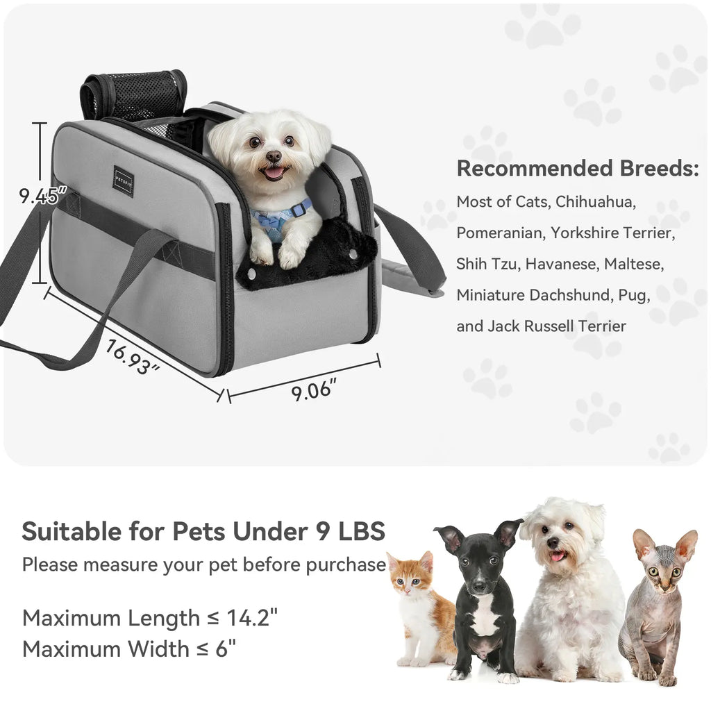 PETSFIT Versatile Fabric Center Console Dog Car Seat - Airline Approved Carrier, 2 Pockets, Ample Storage, Safety Tether, Portable for Small Dogs/Cats up to 9 LBS (16.9" X 9" X 9.5", Deep Grey)