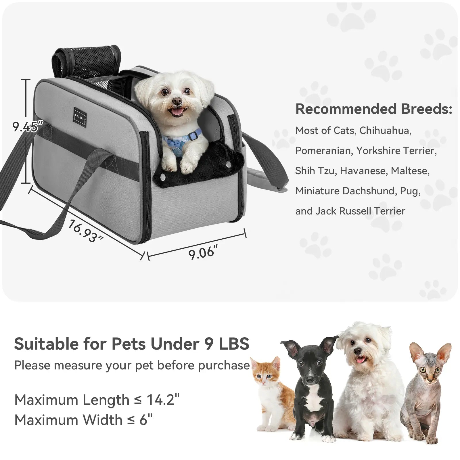 PETSFIT Versatile Fabric Center Console Dog Car Seat - Airline Approved Carrier, 2 Pockets, Ample Storage, Safety Tether, Portable for Small Dogs/Cats up to 9 LBS (16.9" X 9" X 9.5", Deep Grey)