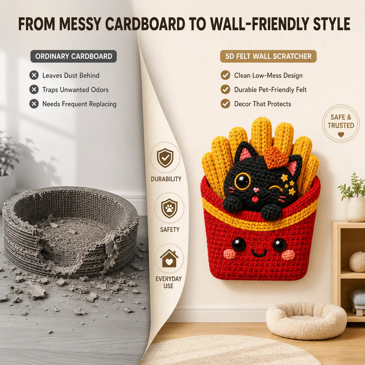 Omnipets 5D Cartoon-Printed Polyester Felt Cat Scratching Pad - Self-Adhesive Vertical Wall-Mounted Furniture Protector with Complimentary Bee Toy for Clean Indoor Cat Care