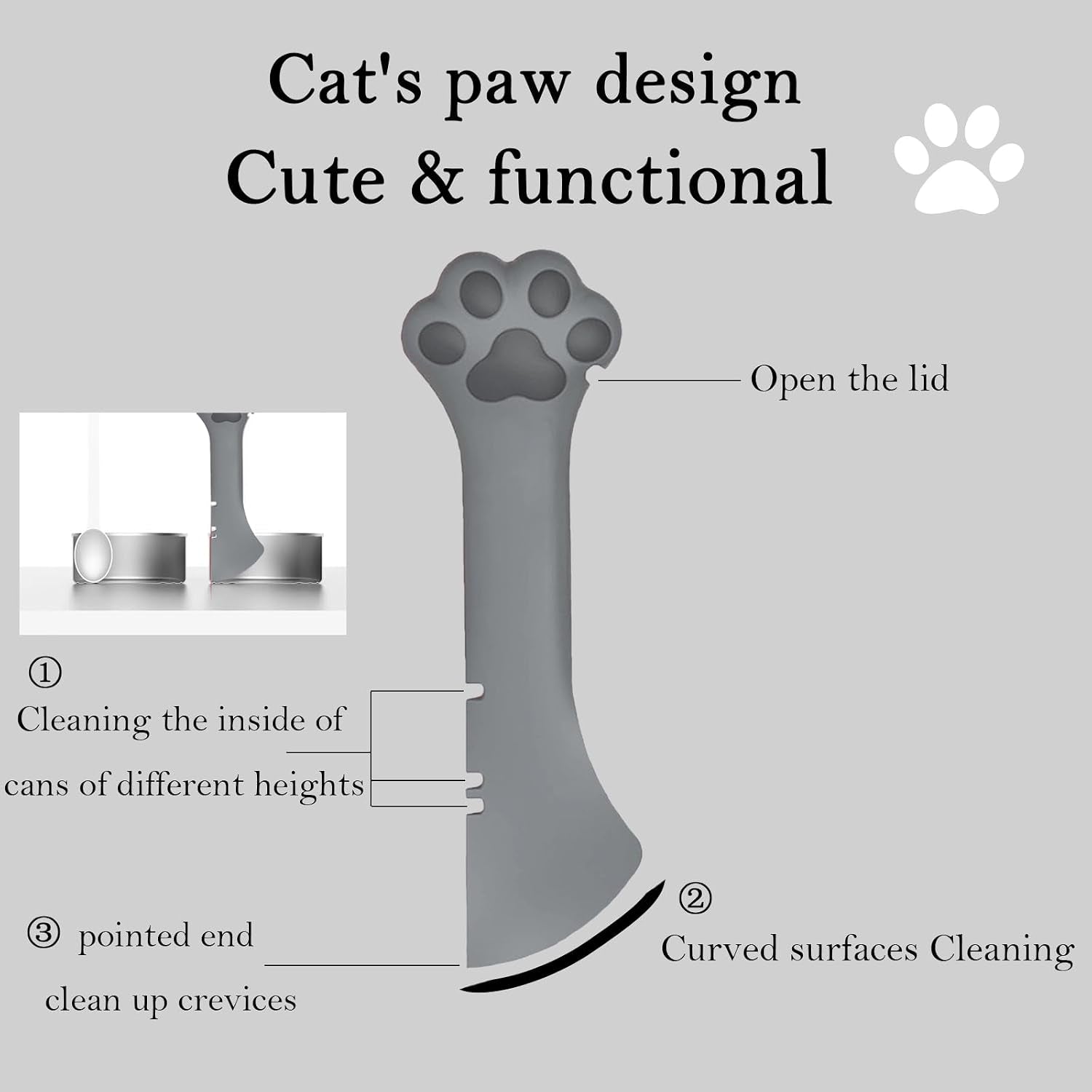 Pet Food Can Spoon & 3 Pcs Can Covers | Cute Paw Shape Opener Spatula Cat Wet Food Spoon | Universal BPA Free Silicone Lids for Dog Cat Cans(Grey)