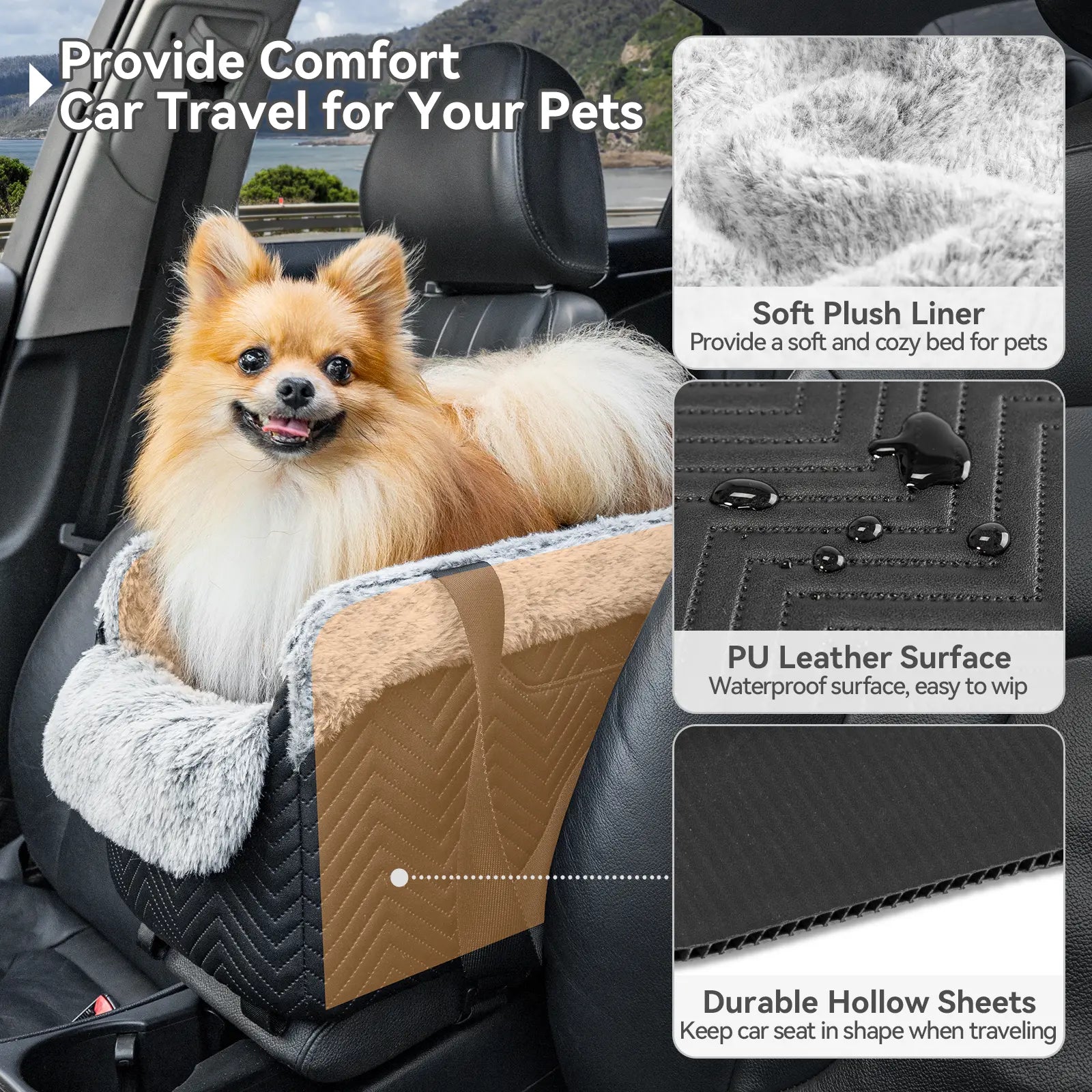 PETSFIT Center Console Dog Car Seat, Portable Pet Car Seat with Safe Protective Hooks, Luxury Dog Car Seats for Small Dogs Includes Safety Leash and Storage Pocket for Pets up to 11 Lbs (Black),Back to School Sohochic