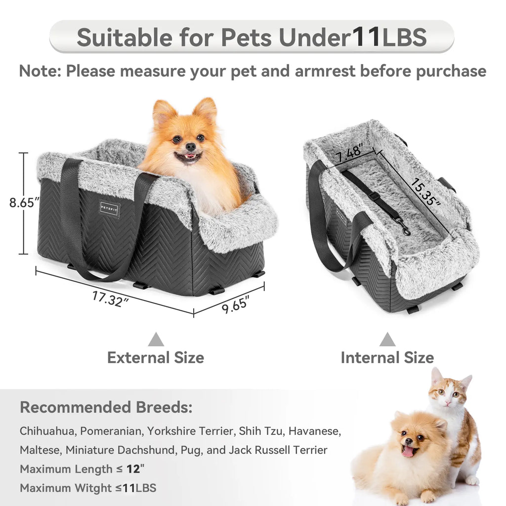 PETSFIT Luxury Look Pet Car Seat - Cat & Dog Console Car Accessory with Safe Protective Hooks, Safety Leash, Storage Pocket, Shoulder Straps - Leather & Fabric, Portable for Pets up to 11 Lbs (Pink)