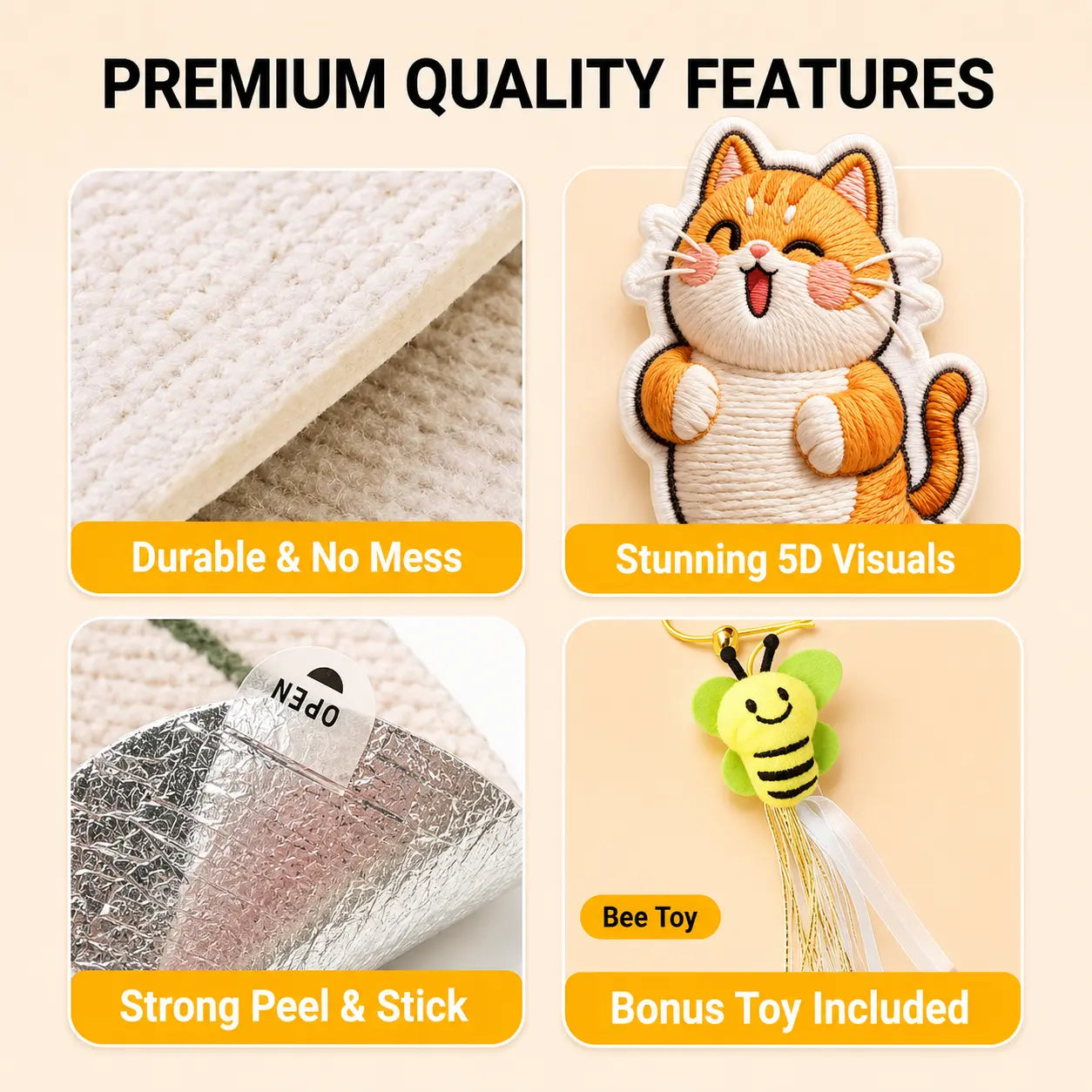Omnipets 5D Cartoon-Printed Polyester Felt Cat Scratching Pad - Self-Adhesive Vertical Wall-Mounted Furniture Protector with Complimentary Bee Toy for Clean Indoor Cat Care