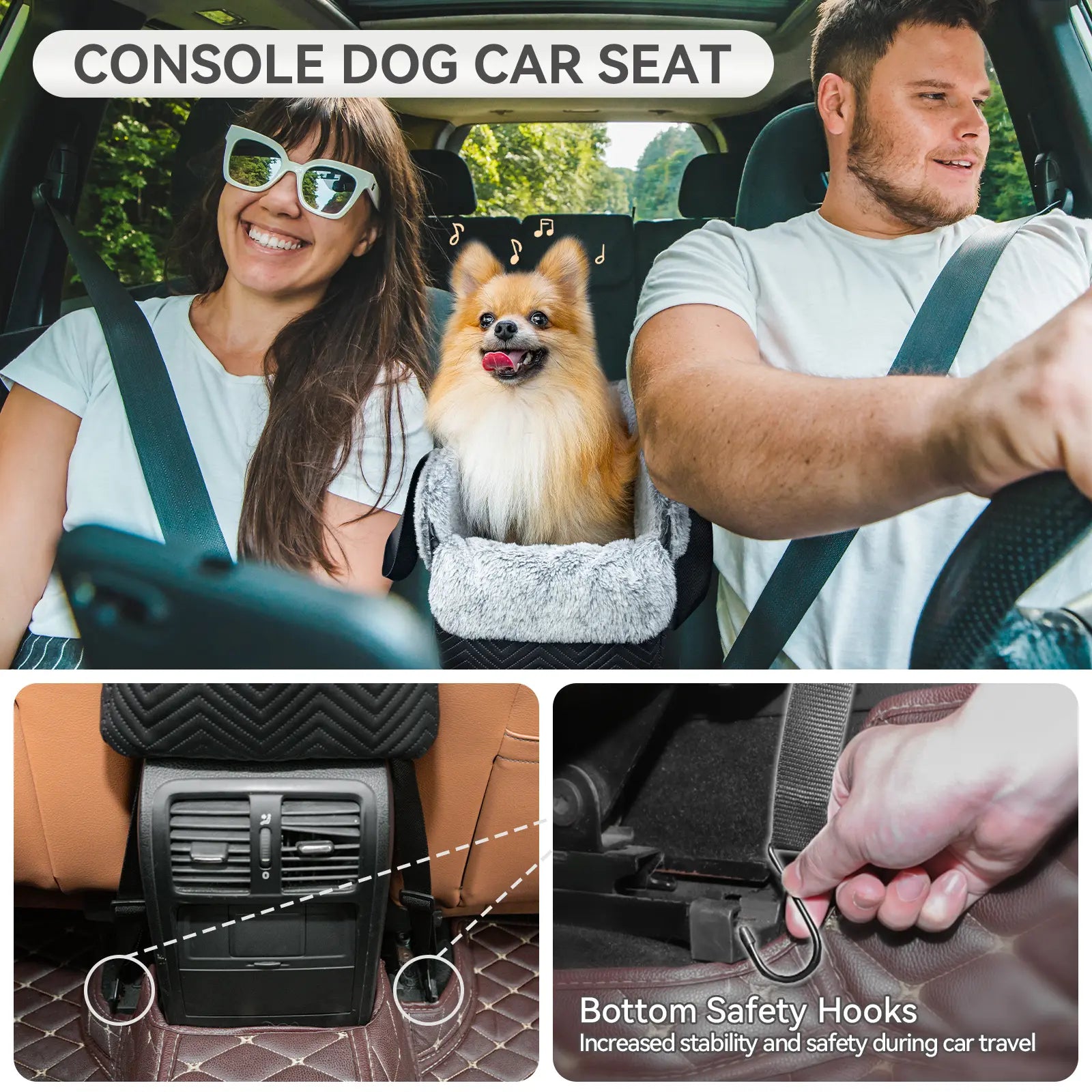 PETSFIT Center Console Dog Car Seat, Portable Pet Car Seat with Safe Protective Hooks, Luxury Dog Car Seats for Small Dogs Includes Safety Leash and Storage Pocket for Pets up to 11 Lbs (Black),Back to School Sohochic