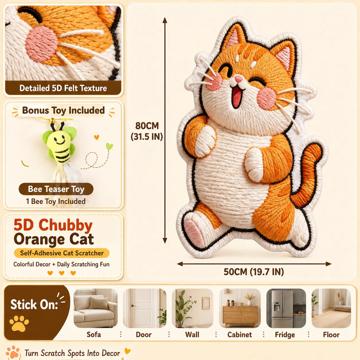 Omnipets 5D Cartoon-Printed Polyester Felt Cat Scratching Pad - Self-Adhesive Vertical Wall-Mounted Furniture Protector with Complimentary Bee Toy for Clean Indoor Cat Care