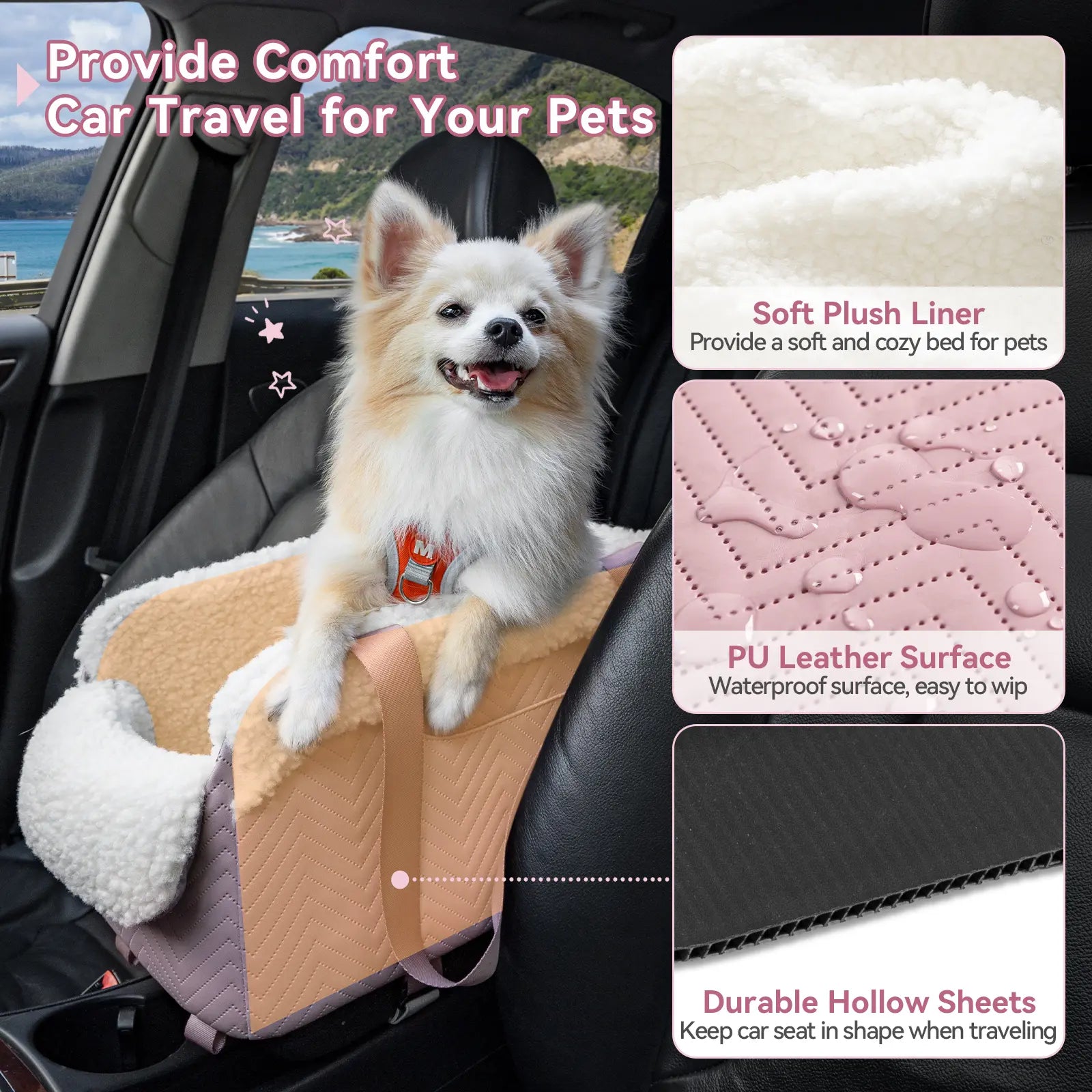 PETSFIT Luxury Look Pet Car Seat - Cat & Dog Console Car Accessory with Safe Protective Hooks, Safety Leash, Storage Pocket, Shoulder Straps - Leather & Fabric, Portable for Pets up to 11 Lbs (Pink)