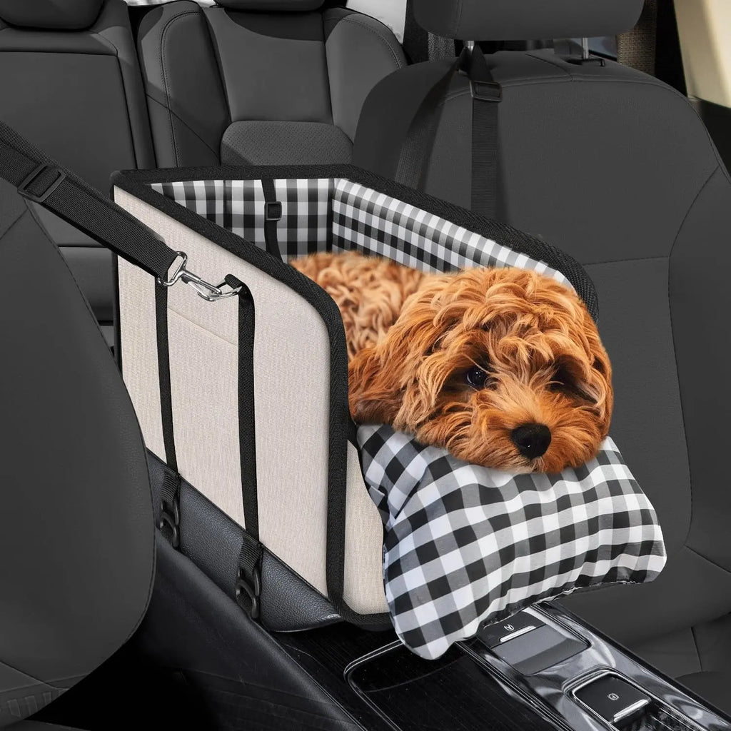 Anti-Anxiety Dog Console Car Seat with Safety Leash - Comfort Plaid Puppy Car Bed Booster, Washable Travel Car Carrier Seat for Chihuahua, Yorkie Gift Cat,Back to School