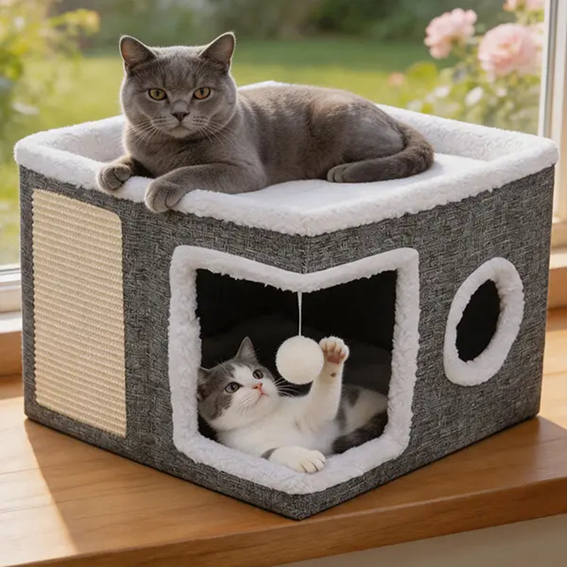 Large Indoor Cat Bed - Soft Foldable Cat Cave Hideaway for Kittens and Adult Cats with Sisal Scratch Pad and Hanging Fluffy Ball, 16.5" x 16.5" x 14", Grey