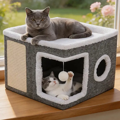 Large Indoor Cat Bed - Soft Foldable Cat Cave Hideaway for Kittens and Adult Cats with Sisal Scratch Pad and Hanging Fluffy Ball, 16.5" x 16.5" x 14", Grey