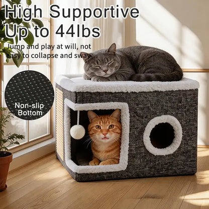 Large Indoor Cat Bed - Soft Foldable Cat Cave Hideaway for Kittens and Adult Cats with Sisal Scratch Pad and Hanging Fluffy Ball, 16.5" x 16.5" x 14", Grey