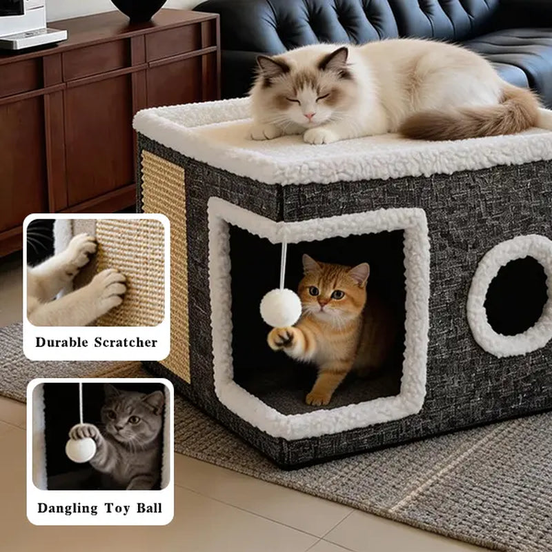Large Indoor Cat Bed - Soft Foldable Cat Cave Hideaway for Kittens and Adult Cats with Sisal Scratch Pad and Hanging Fluffy Ball, 16.5" x 16.5" x 14", Grey