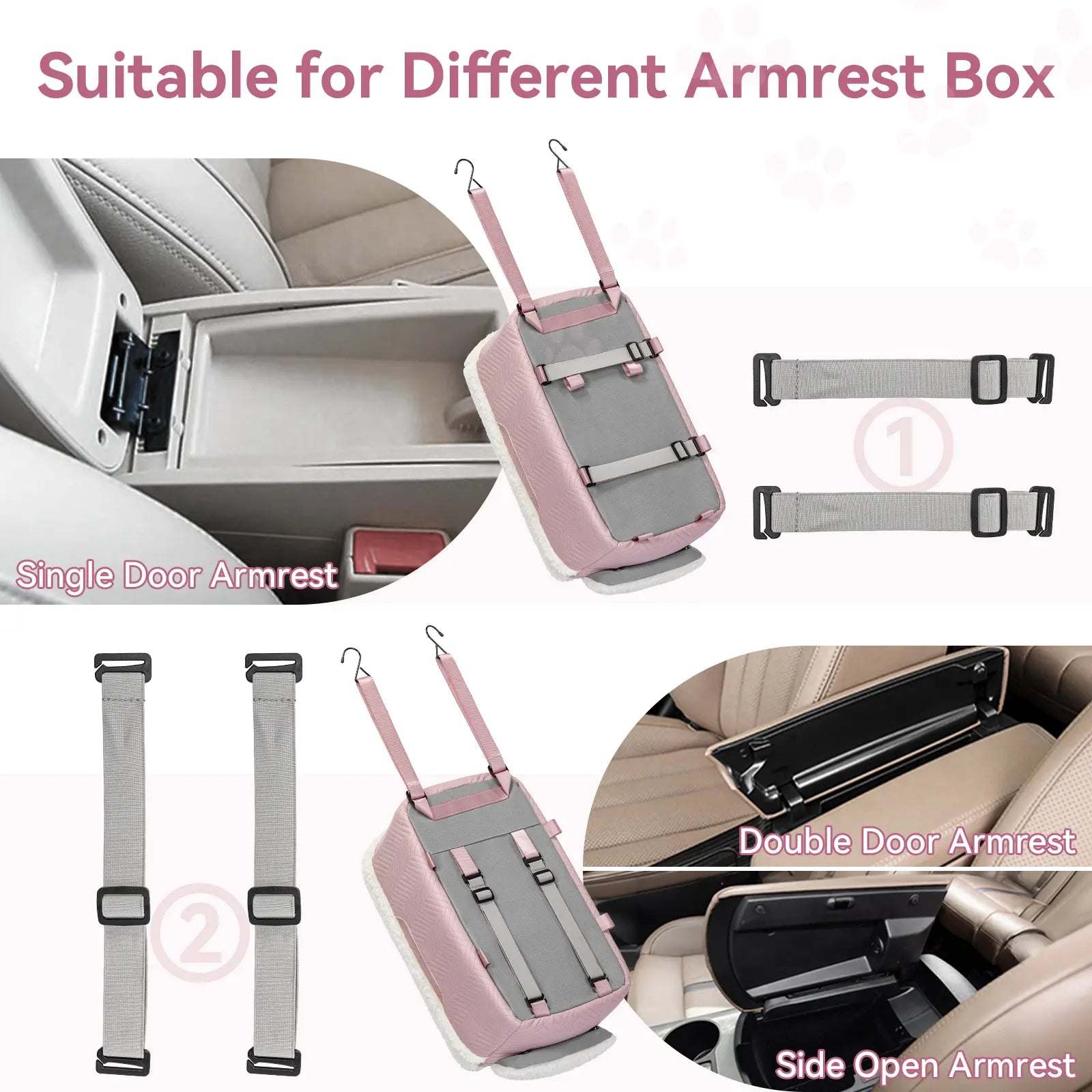 PETSFIT Luxury Look Pet Car Seat - Cat & Dog Console Car Accessory with Safe Protective Hooks, Safety Leash, Storage Pocket, Shoulder Straps - Leather & Fabric, Portable for Pets up to 11 Lbs (Pink)