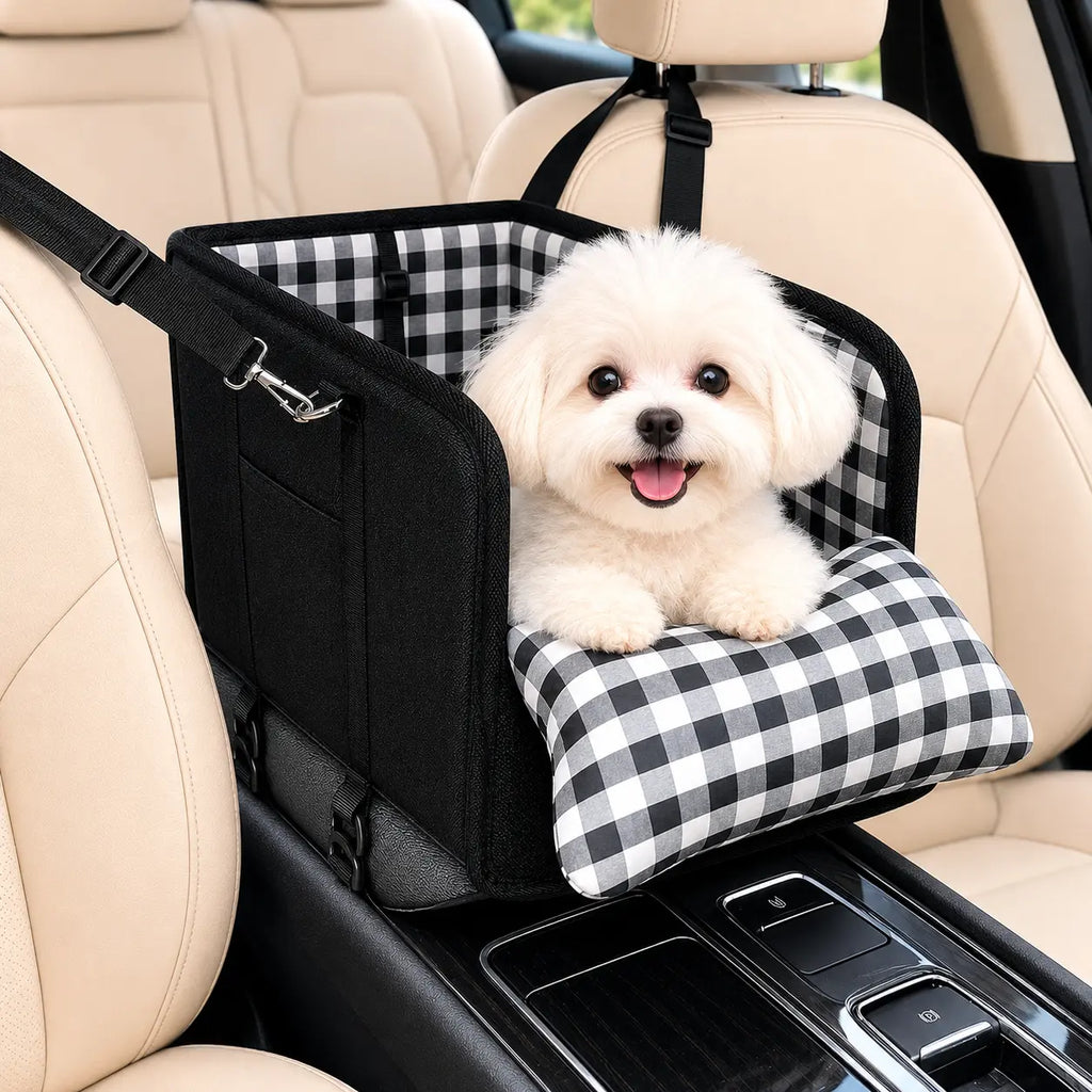 Anti-Anxiety Dog Console Car Seat with Safety Leash - Comfort Plaid Puppy Car Bed Booster, Washable Travel Car Carrier Seat for Chihuahua, Yorkie Gift Cat,Back to School