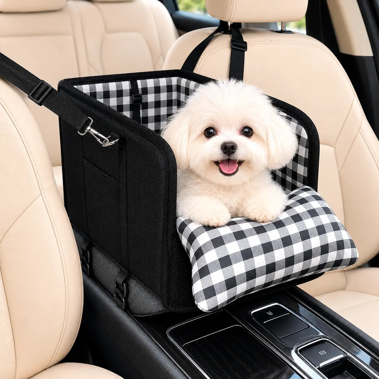 Anti-Anxiety Dog Console Car Seat with Safety Leash - Comfort Plaid Puppy Car Bed Booster, Washable Travel Car Carrier Seat for Chihuahua, Yorkie Gift Cat,Back to School