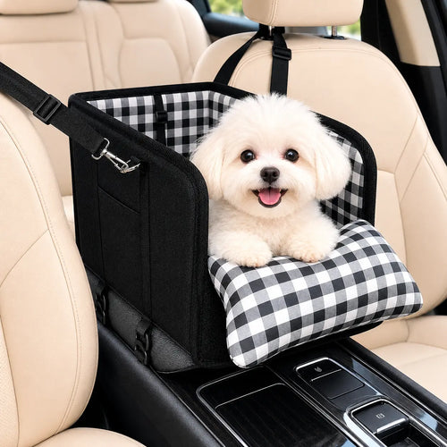 Anti-Anxiety Dog Console Car Seat with Safety Leash - Comfort Plaid Puppy Car Bed Booster, Washable Travel Car Carrier Seat for Chihuahua, Yorkie Gift Cat,Back to School