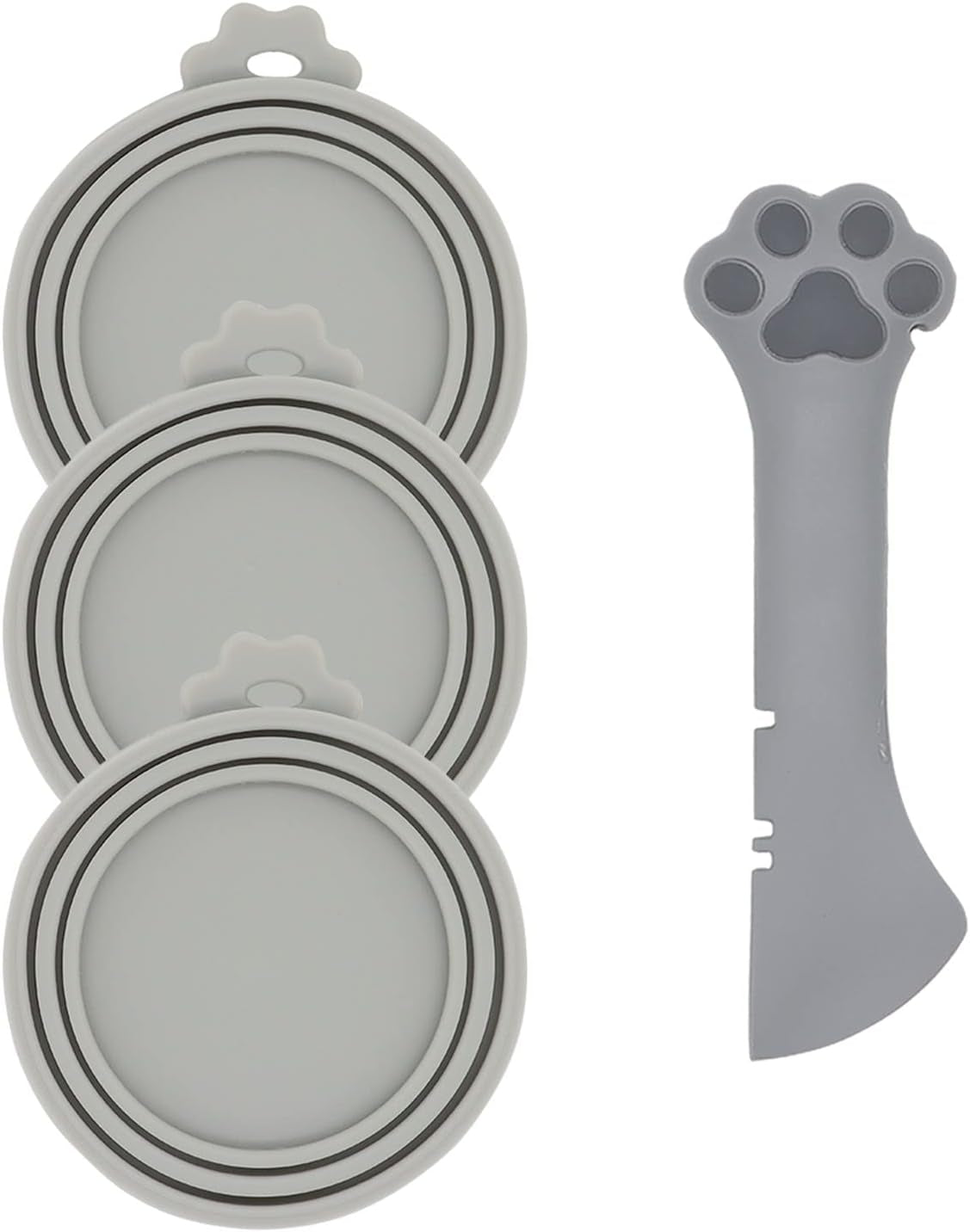 Pet Food Can Spoon & 3 Pcs Can Covers | Cute Paw Shape Opener Spatula Cat Wet Food Spoon | Universal BPA Free Silicone Lids for Dog Cat Cans(Grey)