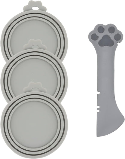 Pet Food Can Spoon & 3 Pcs Can Covers | Cute Paw Shape Opener Spatula Cat Wet Food Spoon | Universal BPA Free Silicone Lids for Dog Cat Cans(Grey)