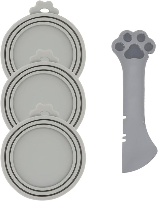 Pet Food Can Spoon & 3 Pcs Can Covers | Cute Paw Shape Opener Spatula Cat Wet Food Spoon | Universal BPA Free Silicone Lids for Dog Cat Cans(Grey)