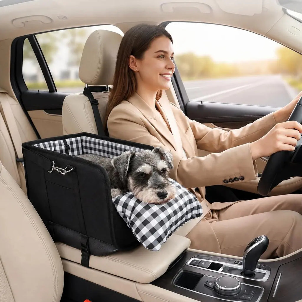 Anti-Anxiety Dog Console Car Seat with Safety Leash - Comfort Plaid Puppy Car Bed Booster, Washable Travel Car Carrier Seat for Chihuahua, Yorkie Gift Cat,Back to School