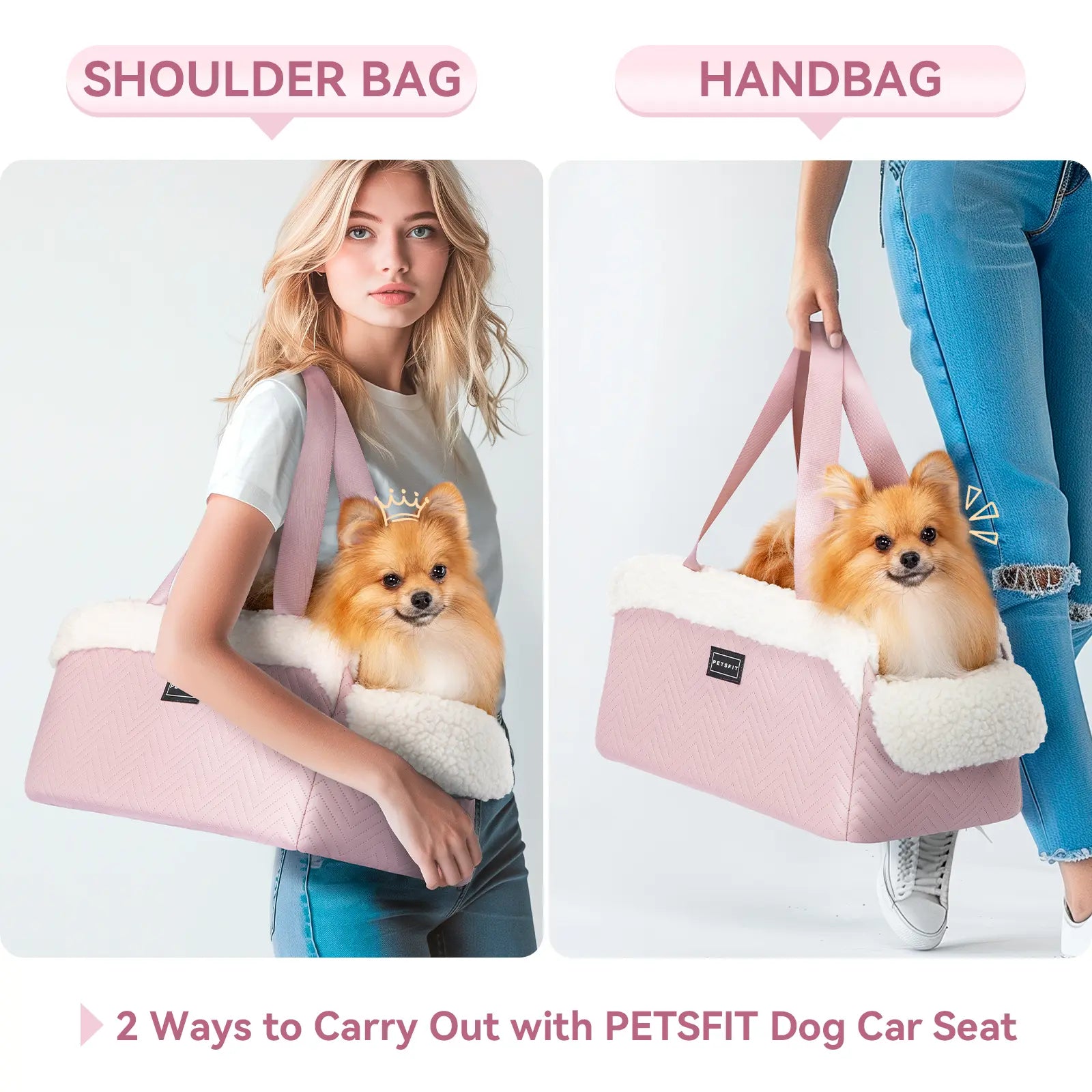 PETSFIT Luxury Look Pet Car Seat - Cat & Dog Console Car Accessory with Safe Protective Hooks, Safety Leash, Storage Pocket, Shoulder Straps - Leather & Fabric, Portable for Pets up to 11 Lbs (Pink)