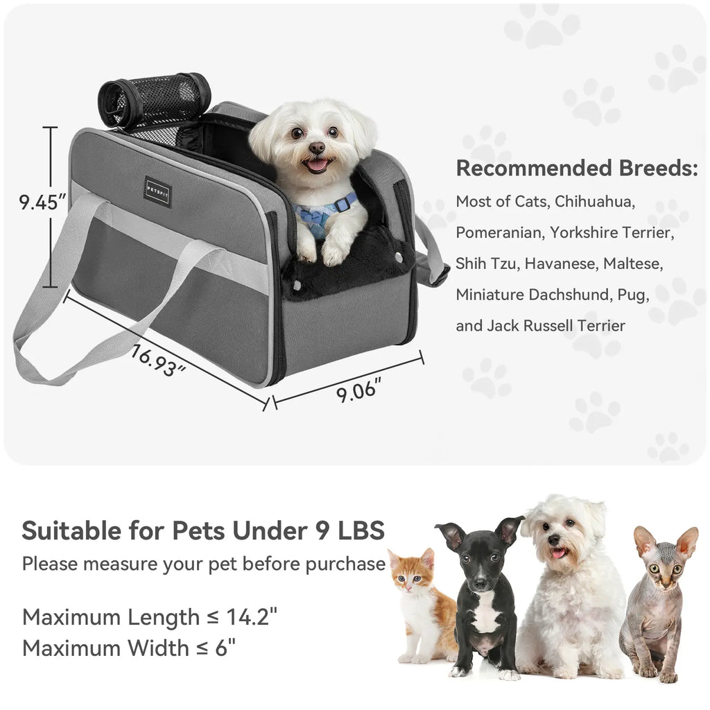 PETSFIT Versatile Fabric Center Console Dog Car Seat - Airline Approved Carrier, 2 Pockets, Ample Storage, Safety Tether, Portable for Small Dogs/Cats up to 9 LBS (16.9" X 9" X 9.5", Deep Grey)