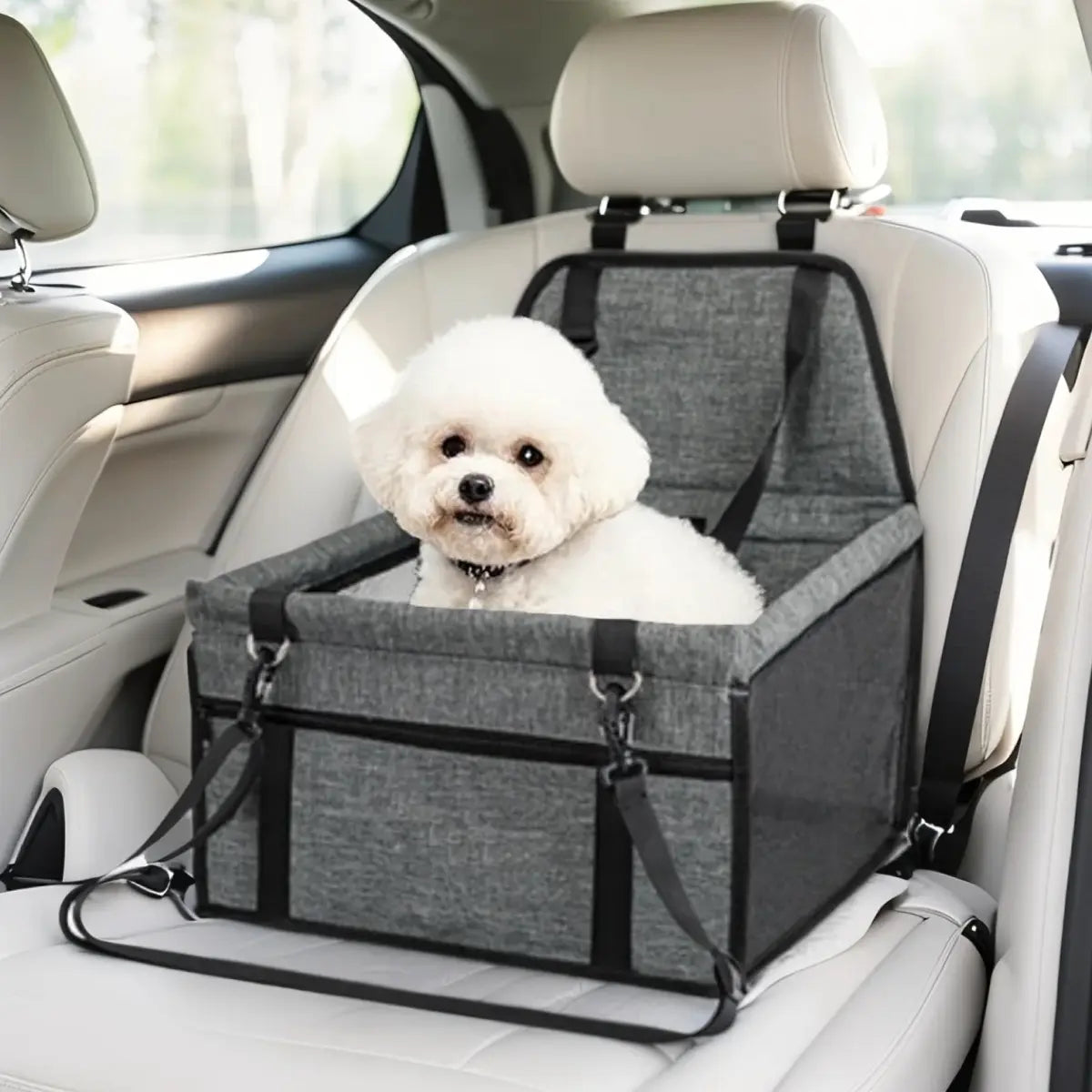 Pet Car Seat for Cats & Dogs - Foldable 15Lb Safety Booster, Breathable Mesh, Zipper, Fold & Store Fast, Easy to Clean & Assemble, Large Space, Solid Plain Design, PVC Pipe Support, Fits Front & Back Seats, Pet Travel Accessory