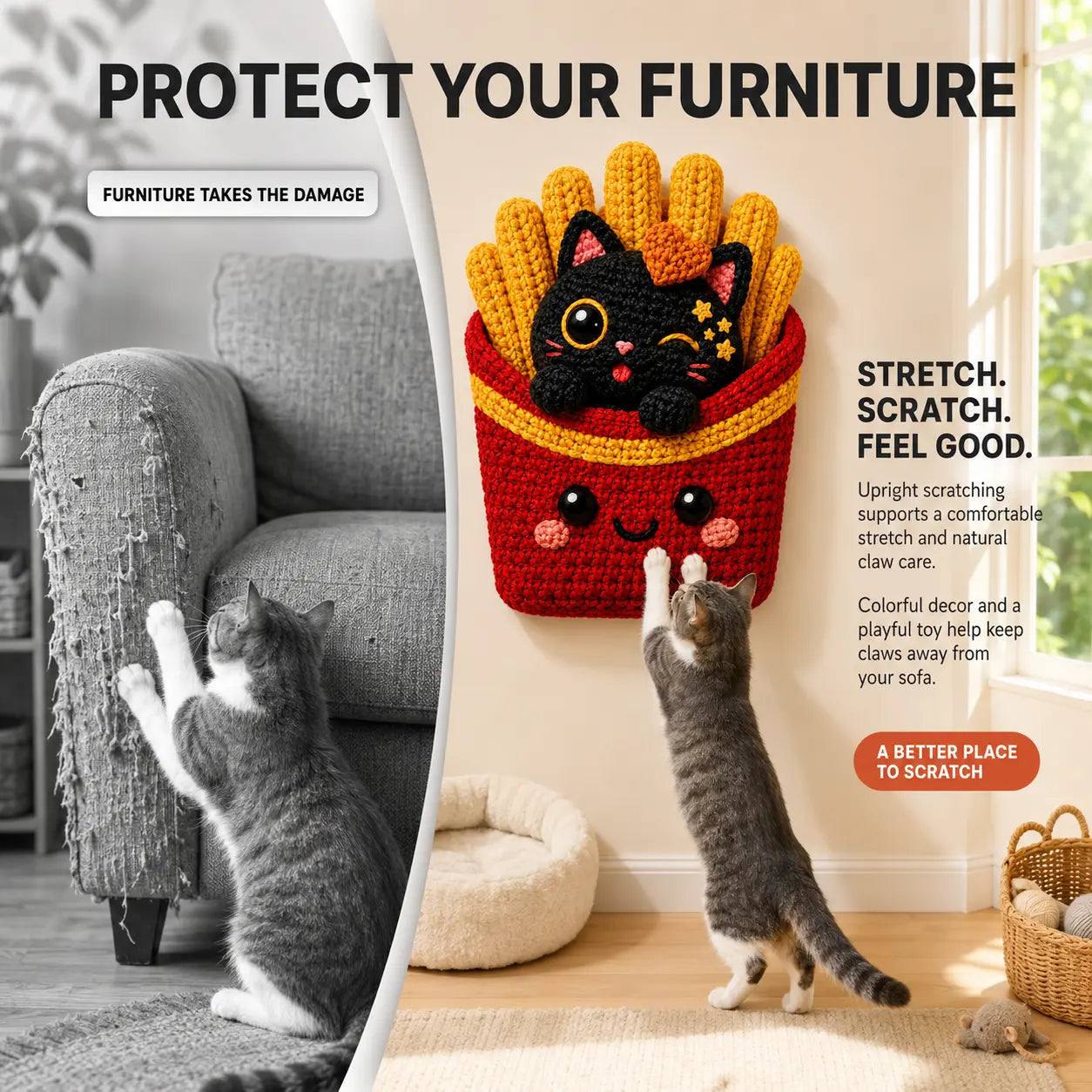 Omnipets 5D Cartoon-Printed Polyester Felt Cat Scratching Pad - Self-Adhesive Vertical Wall-Mounted Furniture Protector with Complimentary Bee Toy for Clean Indoor Cat Care